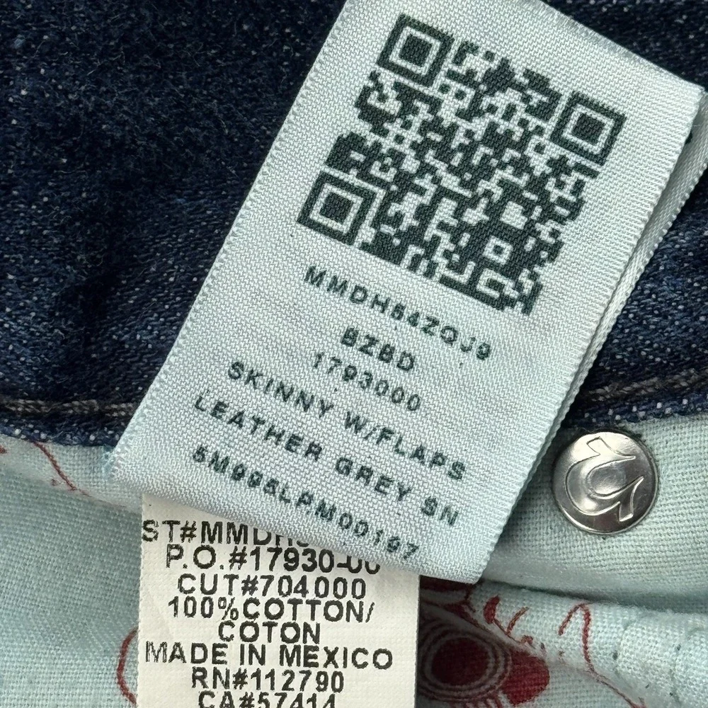 True Religion Jeans Mens 30x26 Blue Denim Skinny Flap Pocket Leather Trim Cotton